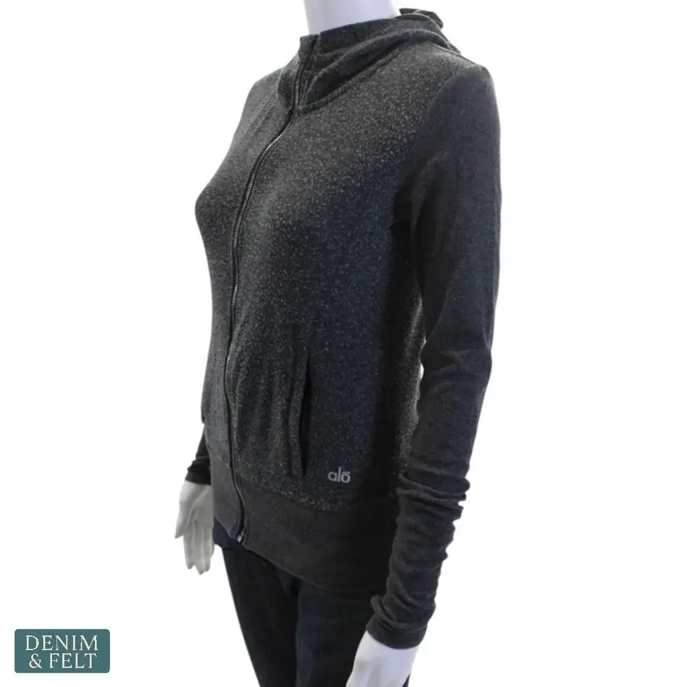 Alo Yoga Ribbed Sleeve Full Zip‎ Performance Hoodie Zipper Pockets Heather Gray